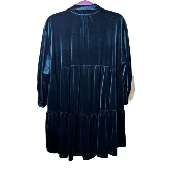 Umgee Velvet Tiered Swing Dress Blue Oversized/Button Front/Collared  Small NWT - Picture 2 of 7